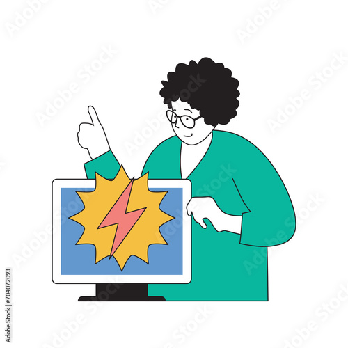 Ecology concept with cartoon people in flat design for web. Woman using alternative energy at home and controls electricity use. Vector illustration for social media banner, marketing material.