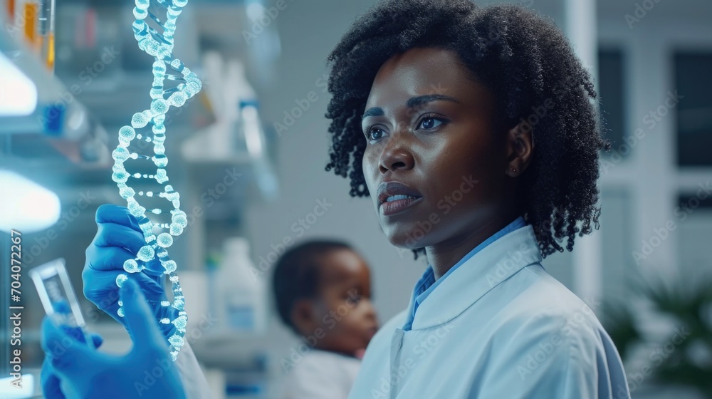 African American geneticist laboratory assistant conducts DNA spiral research for Designer Babies on  the blurred background of an image of the future baby
