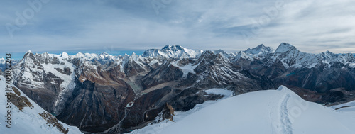 Mount Everest, Nuptse, Lhotse with South Face wall, Makalu, Chamlang beautiful panoramic shot of a High Himalayas from Mera peak high camp site at 5800m. 43MP high definition multishot photo.