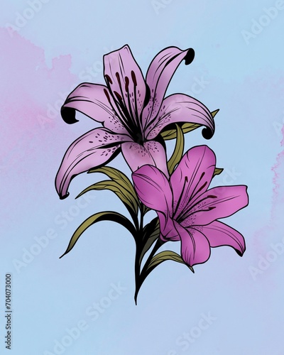 Lily flower illustration drawn by hand on the watercolor background. Beautifu...