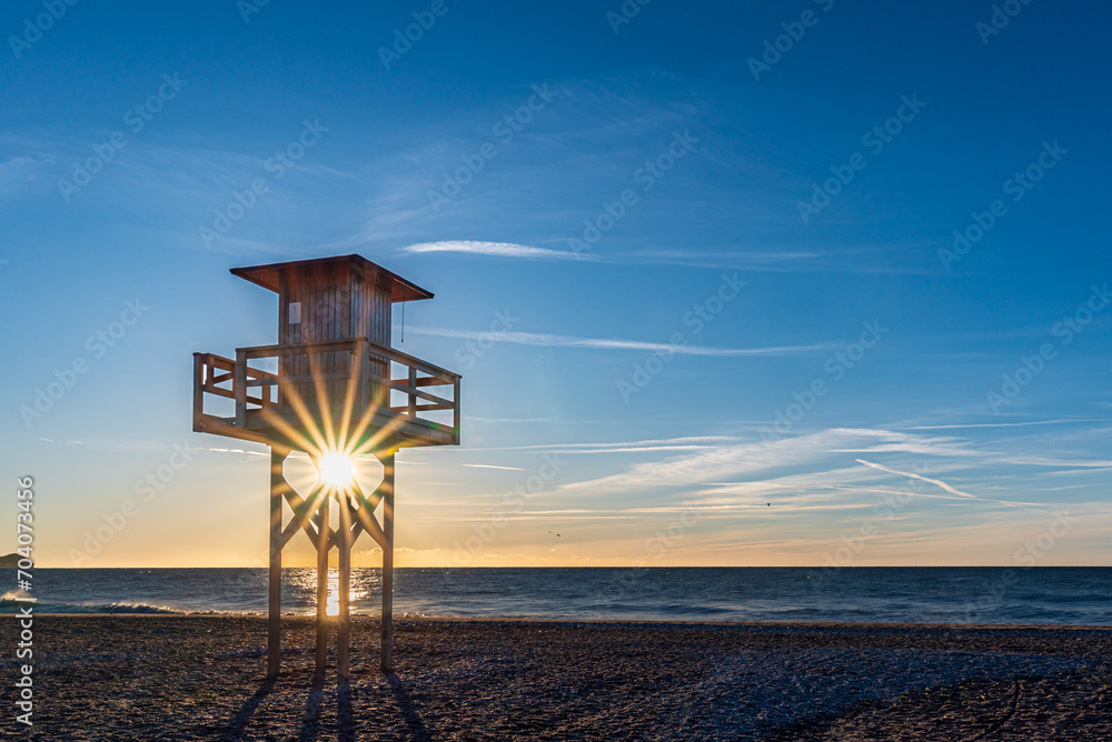Beach surveillance tower on Poniente beach in Motril,Costa Tropical de Granada,Andalucia.