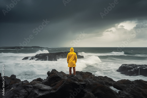 Braving the Storm: Man in Yellow Raincoat Gazes at the Tempestuous Sky and Waves from a Rugged Perch