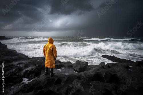 Storm Watcher: Man in Yellow Raincoat Gazes at the Turbulent Sky and Waves from a Rugged Rock Perch