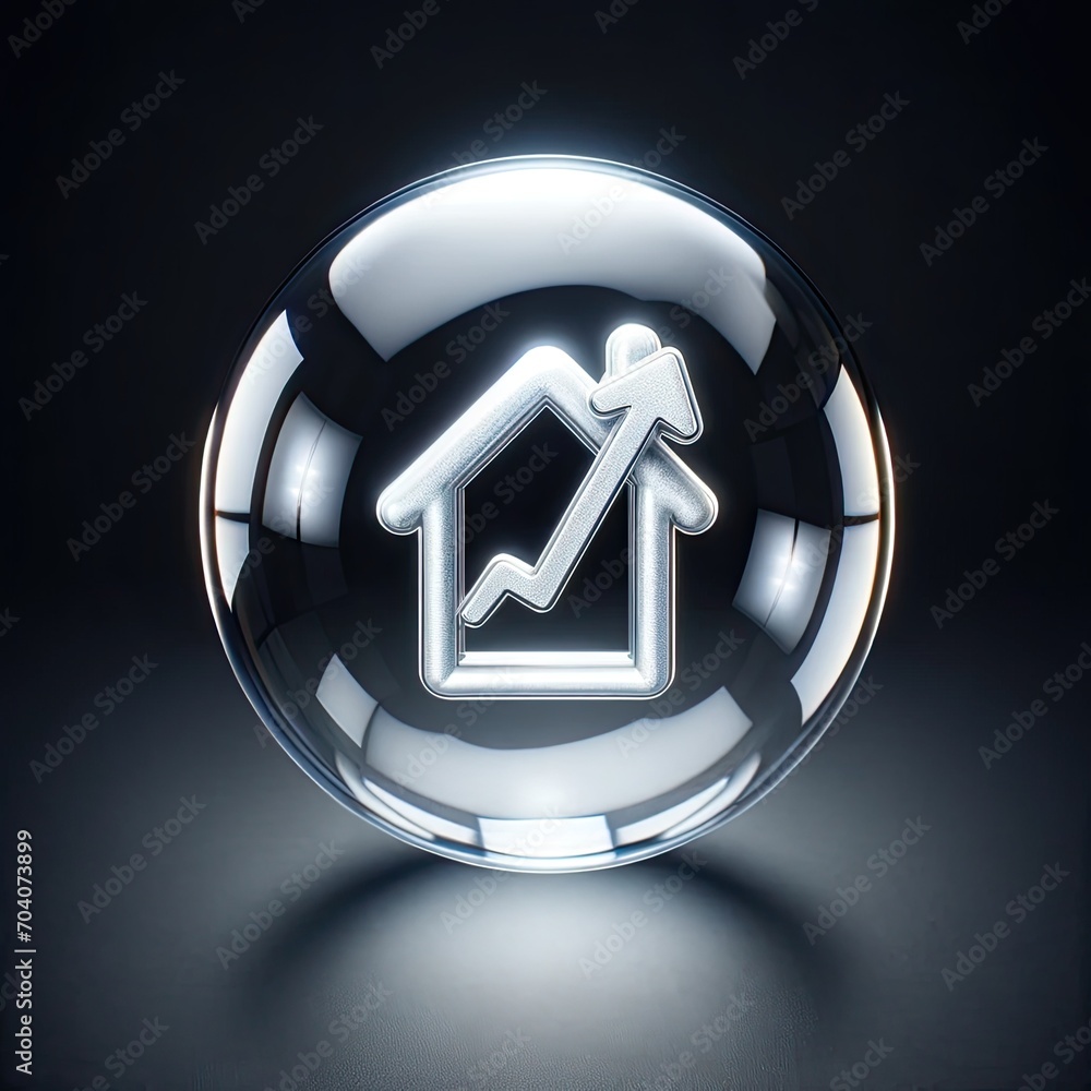 Glowing House Price Increase Symbol Inside Transparent Bubble on Dark Background Glowing House Price Increase Symbol Inside Transparent Bubble on Dark Background