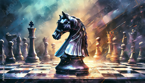 chess knight piece on the chessboard, action, dynamic photo