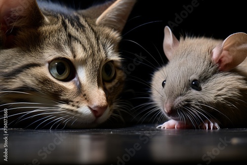 Curious domestic feline carefully observing the mouse in close vicinity on dark backdrop