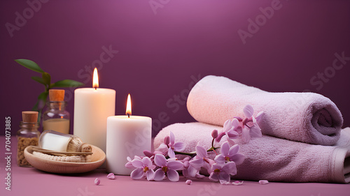 Warm spa atmosphere on a lilac background with folded towels, flowers and candles as decor. An atmosphere of relaxation, tranquility and pleasure.