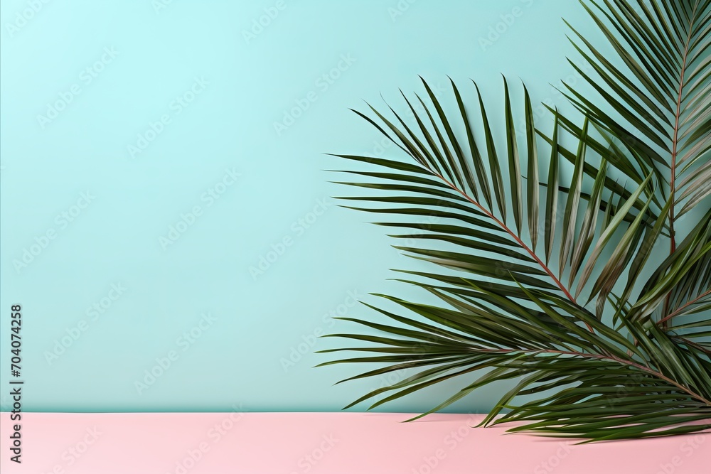 Green Palm Branches on a Minimalistic Green and Pink Design Background - Ideal for Various Creative Projects