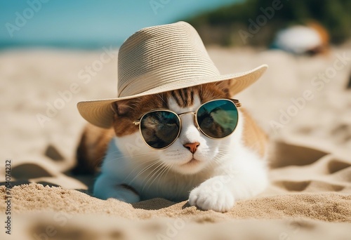 Funny cat in a hat and sunglasses lying on the sand on the beach on a sunny summer day Recreation © ArtisticLens