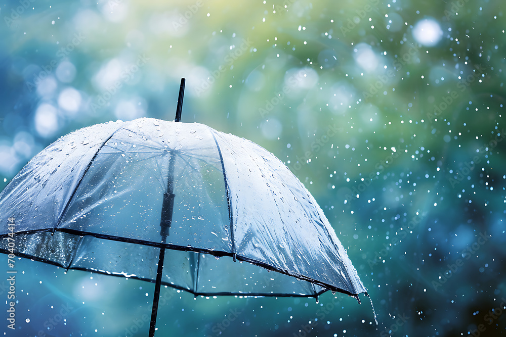 Rainy Elegance: A Transparent Umbrella Shields Against Falling Raindrops, Creating a Splashy Background Evoking the Essence of Rainy Weather.