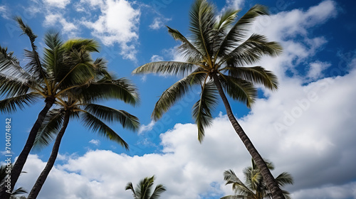 Coconut palm trees and blue sky with clouds