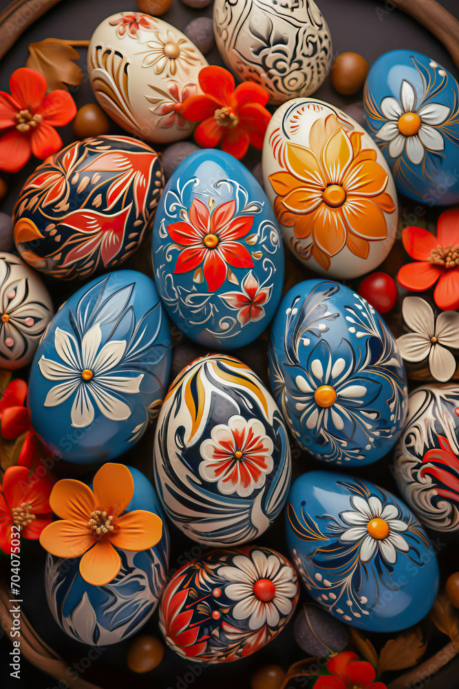 Close up of Aerial view of painted Easter eggs Close up of Aerial view of painted Easter eggs