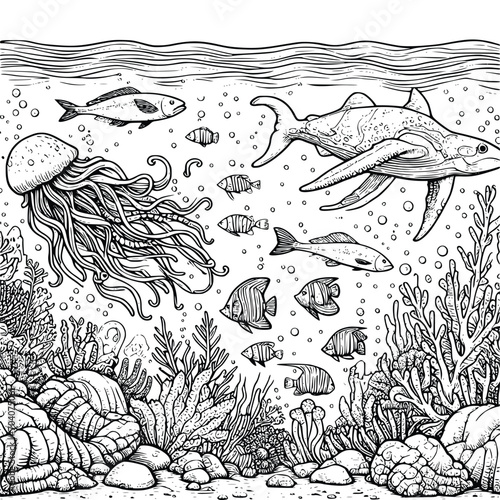 underwater world coloring book hand drawn. ocean life coloring page black and white vector illustration