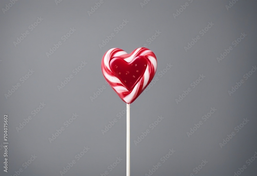 Heart shaped candy on a stick on gray background with copy space Valentines Day celebration