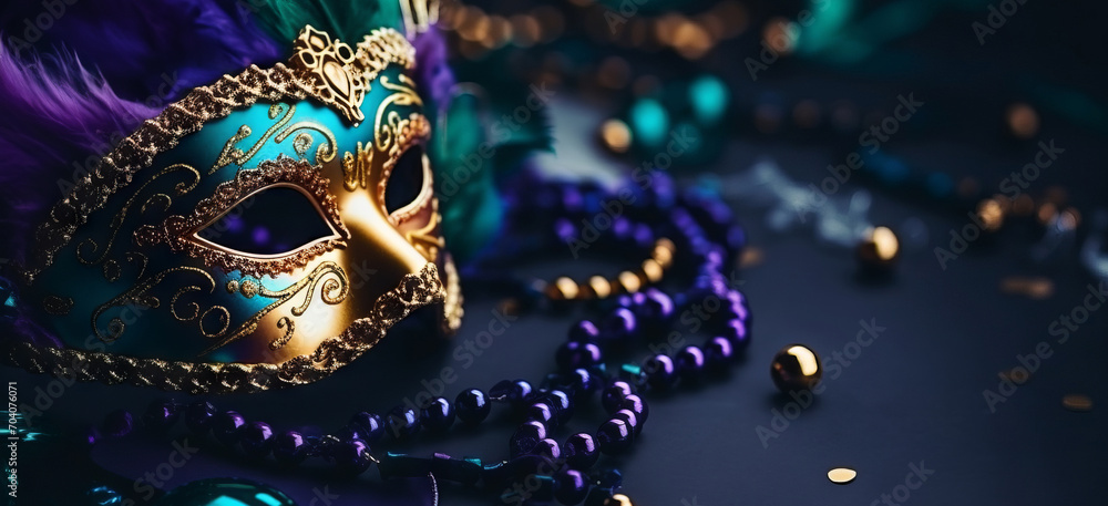 Fototapeta premium Mardi Gras carnival mask and beads on purple background