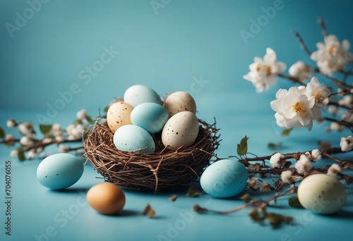 Nest with Easter eggs and a sprigs of alder on blue background copy space