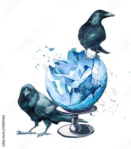 Magic ball with raven. Watercolor magic concept design. Wizard concept illustration. Halloween painting of a craw and crystal ball. photo