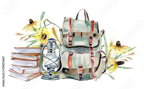 Backpack,old books and retro lantern with flowers design. Watercolor school concept illustration. Back to school clipart isolated on white. photo