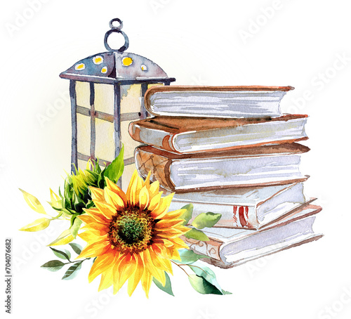 Retro lantern and books with flowers design. Watercolor school concept illustration. Back to school clipart isolated on white.