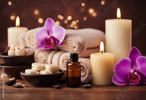 Spa brown background with towels candles orchid flowers and essential oils copy space