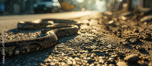 A snake enjoys the sun on asphalt in a construction area, warming up for its meal.