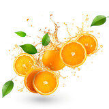 fresh oranges splashed in water