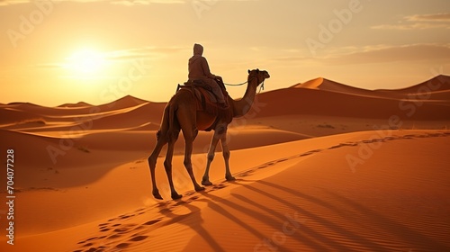 Serene Desert Landscape. Expansive Golden Dunes and a Solitary Camel Trekking Across the Horizon
