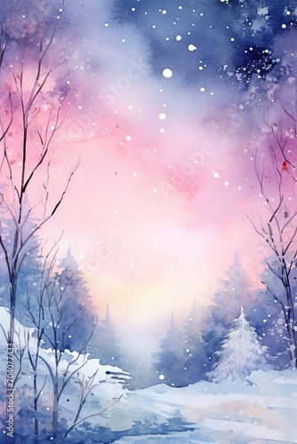 Illustration of a Moonlight on a grunge background with snow and floral edges, realistic watercolor style, pink blue background, © neirfy
