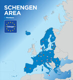 Schengen Area map with the territorial division of the states with names and flags of the nations, Europe, vector illustration