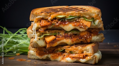 Kimchi grilled cheese, food photography, 16:9 photo