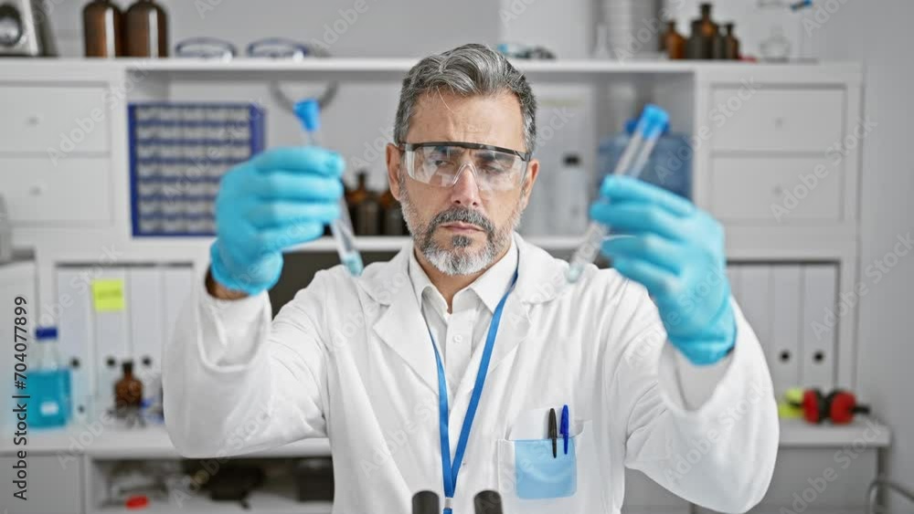 Handsome, young hispanic man, a grey-haired scientist, engrossed in critical medical research at his lab, judiciously measuring liquid in test tubes, embodying professionalism and precision. Handsome, young hispanic man, a grey-haired scientist, engrossed in critical medical research at his lab, judiciously measuring liquid in test tubes, embodying professionalism and precision.