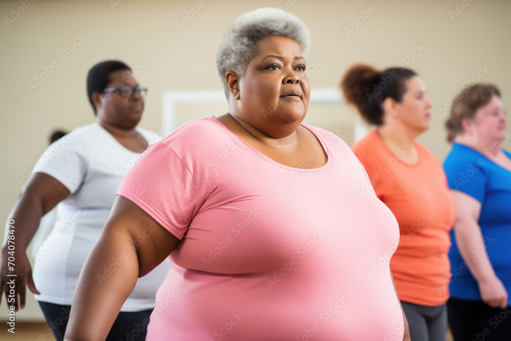 A diverse group of women actively and determinedly participating in an indoor exercise class to achieve their wellness goals and weight loss for a healthy lifestyle A diverse group of women actively and determinedly participating in an indoor exercise class to achieve their wellness goals and weight loss for a healthy lifestyle