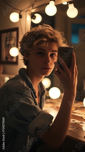 Young Man Taking Selfie in Mirror