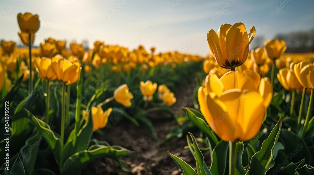 yellow tulips in the large garden, field, rows, delicate, flowers, vibrant, background, texture, spring, summer
