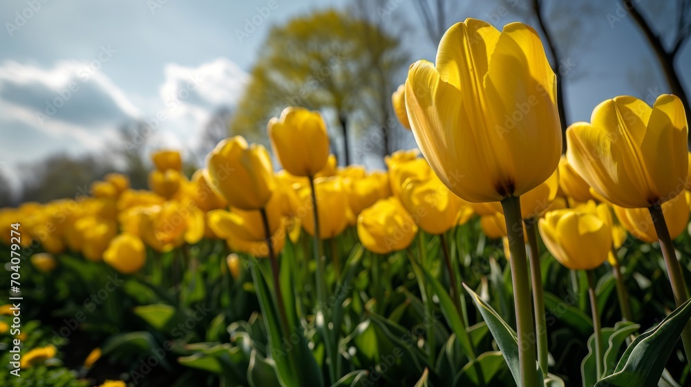 Obraz premium yellow tulips in the large garden, field, rows, delicate, flowers, vibrant, background, texture, spring, summer