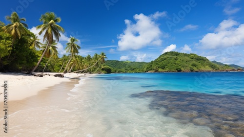 Idyllic Tropical Beach with Stunning Blue Sky, Palm Trees, and Crystal Clear Waters