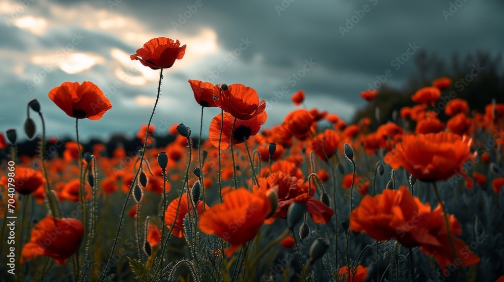 Fototapeta premium field full of red poppies in the summer morning, background, textures 