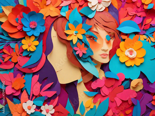 Portrait of a girl with flowers. Kirigami Style