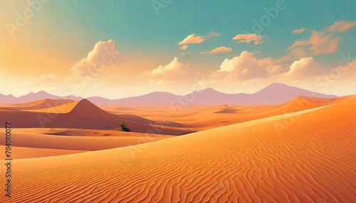 flat 2d minimalistic desert 4k wallpaper showing an orange desert with hills mountains sand sky and clouds vintage landscape background