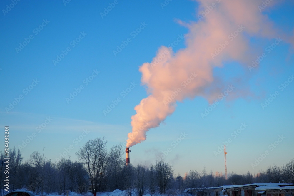 Smoke from a factory chimney. Ecological pollution. Air emissions polluting forest. Industrial waste. Industry metallurgical plant emissions. Smog and bad ecology. Central heating of CHP in winter.