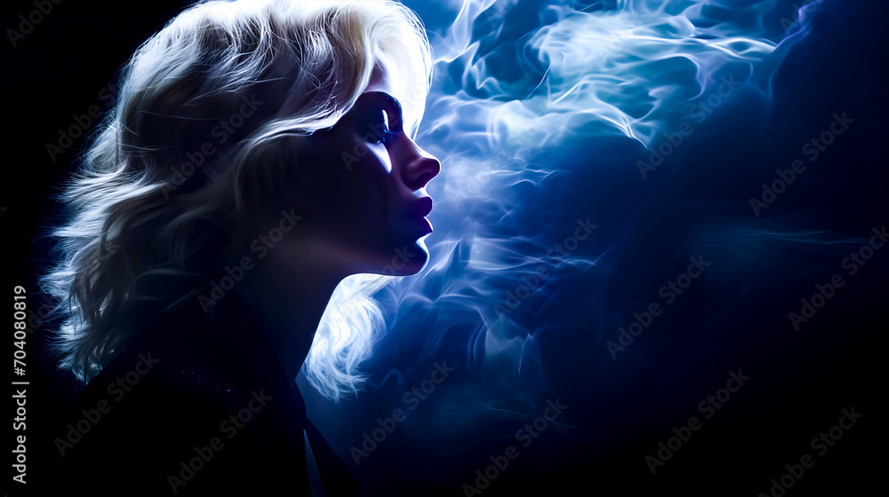 Woman with blonde hair and smoke in the background of dark background.