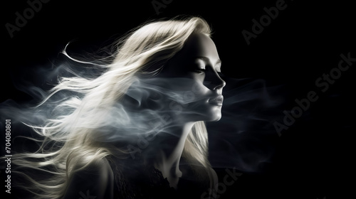 Woman with long blonde hair blowing in the wind with black background.