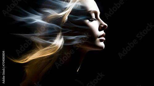 Woman s face is shown with smoke coming out of her hair.