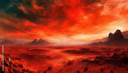 a post apocalyptic wasteland with a blood red sky in the background fantasy concept illustration painting generative ai