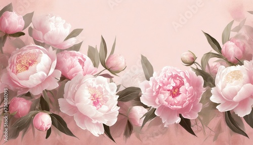 delicate pink flowers illustration peonies painted on the pink background beautiful postcard picture mural wallpaper photo wallpaper wedding invitation design © Katherine