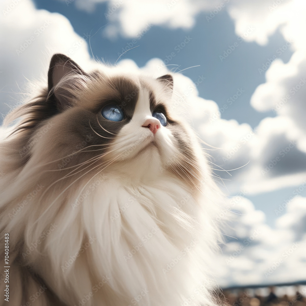 A Ragdoll cat gazing upward outdoors, with the sky and clouds in the background. Portrait close-up. A Ragdoll cat gazing upward outdoors, with the sky and clouds in the background. Portrait close-up.