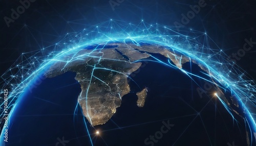 digital mainlands from space cities and countries connected by plexus light lines virtual continents creative technology ultra wide background concept of transfering information 3d rendering photo