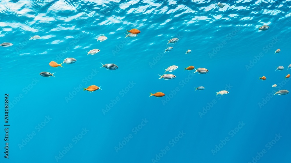 Top-Down View of Colorful Fish on Bright Blue Surface, Ideal for Wallpaper and Background Images