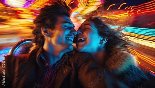 At night a couple having fun on a rollercoaster with blurry background
