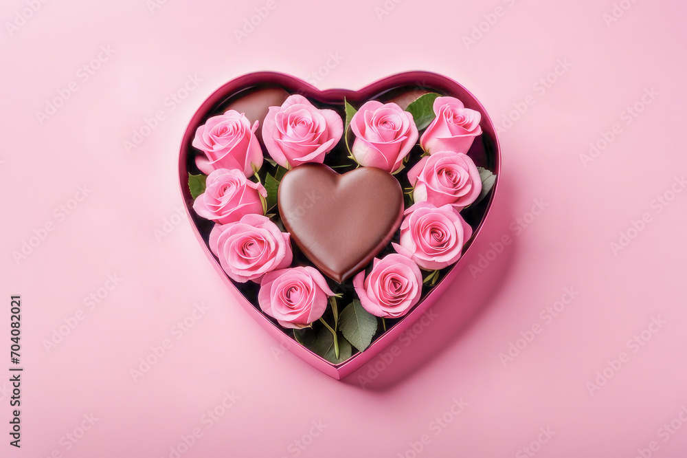 Open heart-shaped box with chocolate candies and roses on a pink background. Romantic Valentine's Day Greeting Card. Top view, copy space